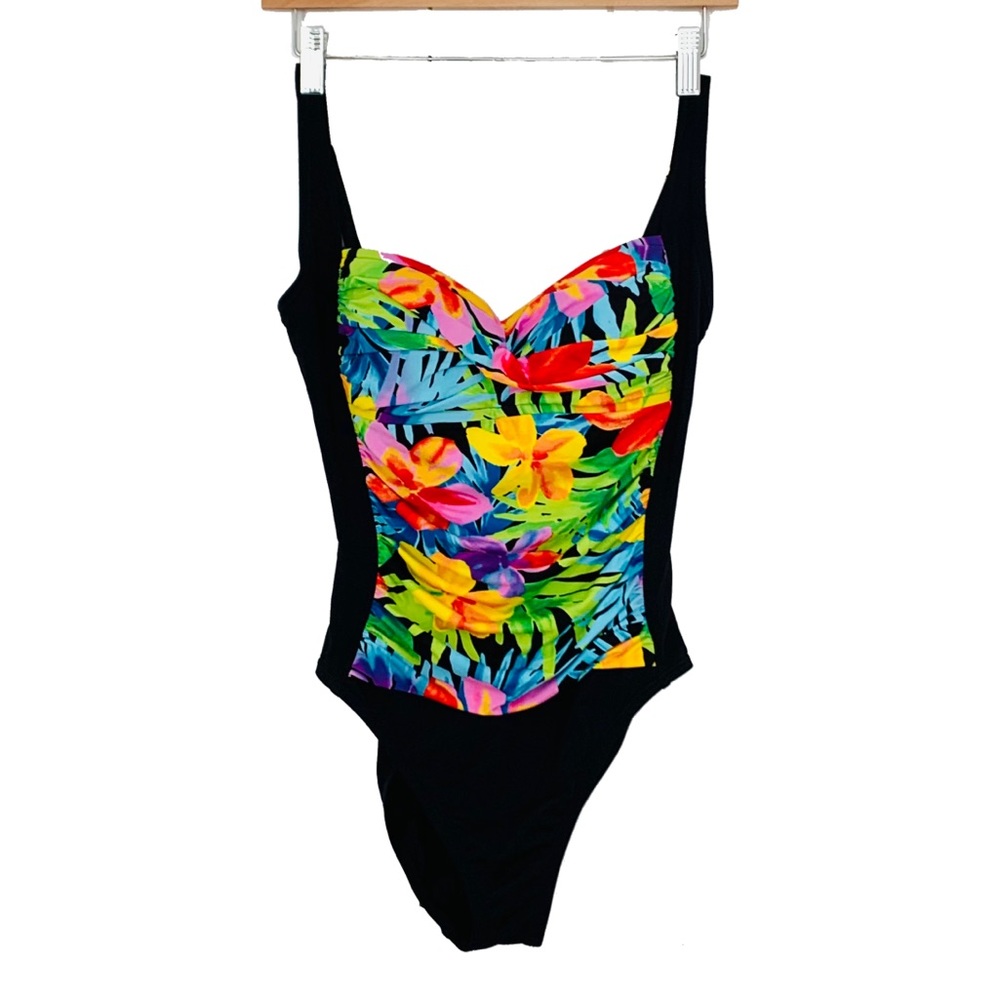 La Blanca One Piece Swimsuit Black and Tropical 🏝️ Print Size 10